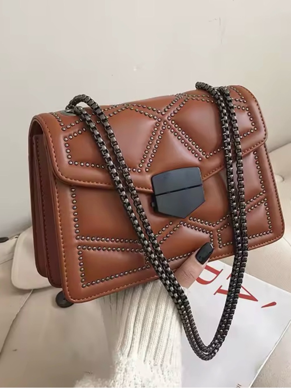 Brown Geometric Studded Flap Rectangle Shoulder/Crossbody Bag Chain Strap